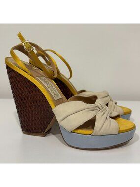 Salvatore Ferragamo Luna Platform Wedge Sandals Leather Satin Size 9 *Flaws*